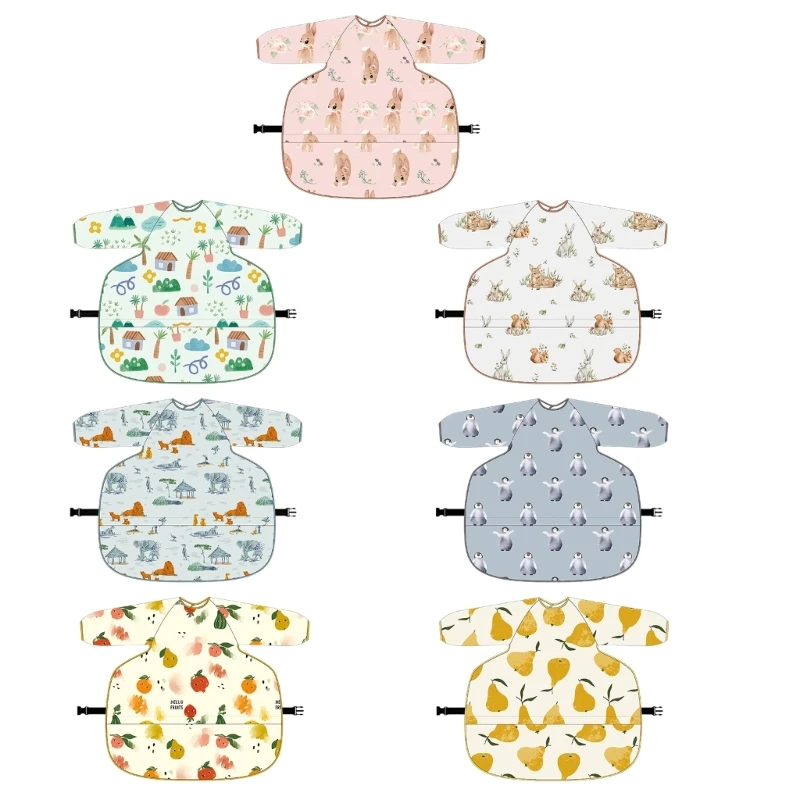 Spill Proof Infant Bibs with Sleeves Easy Wipe Toddler Feeding Bibs Polyester