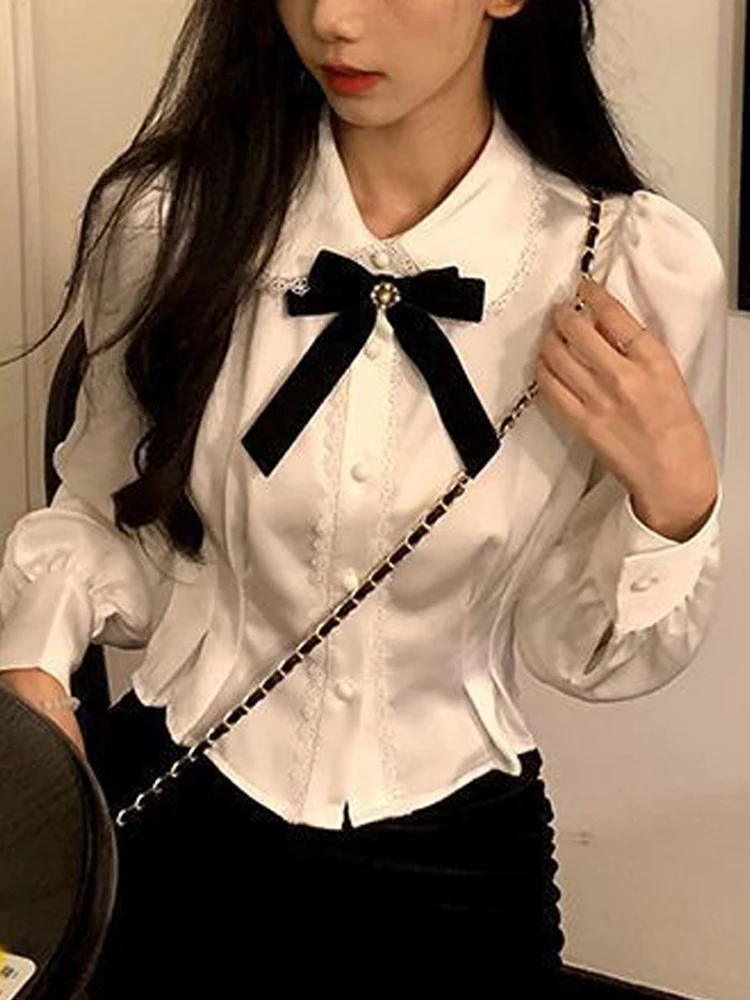 

Women Shirts White Preppy Style Crop Top Female Lolita Sweet Bow Long Sleeve Blouse Ladies Kawaii Lace Peter Pan Coller Camisas