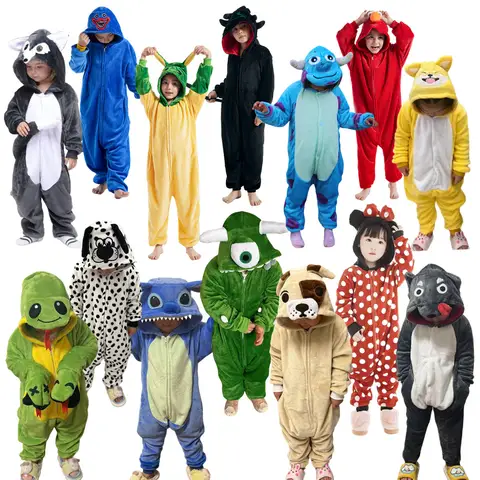 Kigurumi de dibujos animados para niños, pijama de una pieza con animales, perro, Lobo, dragón, dinosaurio, Halloween, Carnaval, disfraz de una pieza, ropa para el hogar