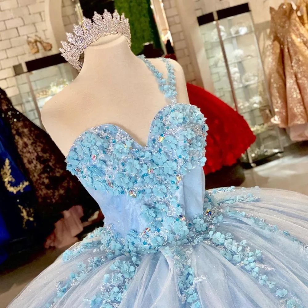 Sevintage Blue Ball Gown Quinceanera Dresses 15 Party Formal 3D Flowers Lace Applique Beading Princess Cinderella Birthday Gowns