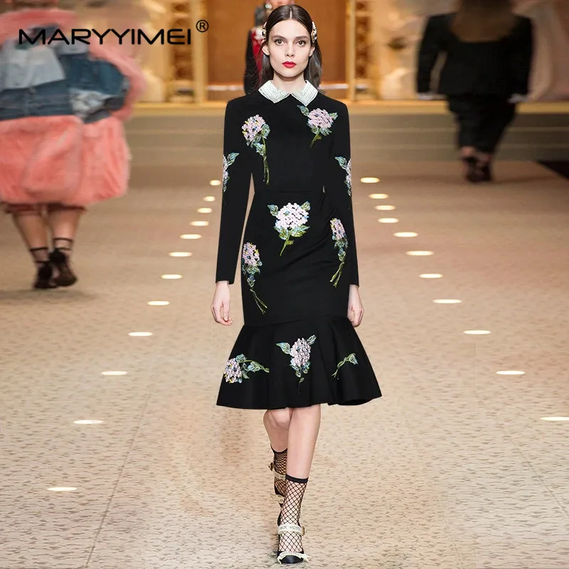 MARYYIMEI Autumn Women Dress Beaded turn-down collar Rose Embroidery Hot drilling Black Slim Package hip Elegant Mermaid Dresses