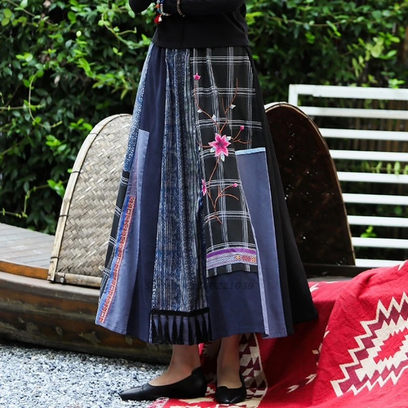 2025 traditional chinese vintage skirt national flower embroidered patchwork skirt oriental folk elastic waist a-line skirt