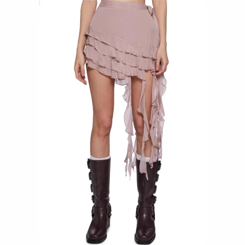 

Sheer Mesh Short Skirt Asymmetric Ribbon Hem Ruffle Sexy Party Dress Spring Summer 2025 New Design Trendy Womens Fashion Len=127