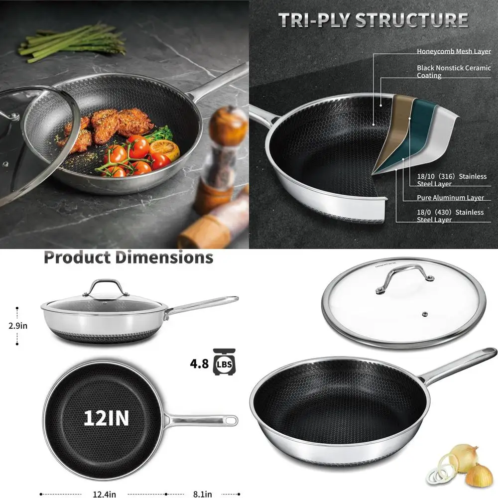 

12 Inch Nonstick Honeycomb Frying Pan with Lid, Stainless Steel, Compatible with All Cooktops, Dishwasher and Oven Safe