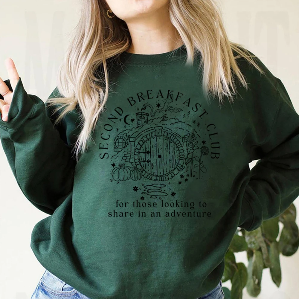 Second Breakfast Club Sweatshirt LOTR The Shire Shirt Literature Bookworm Hoodie Vintage Aesthetic Tops Middle Earth Sweatshirts