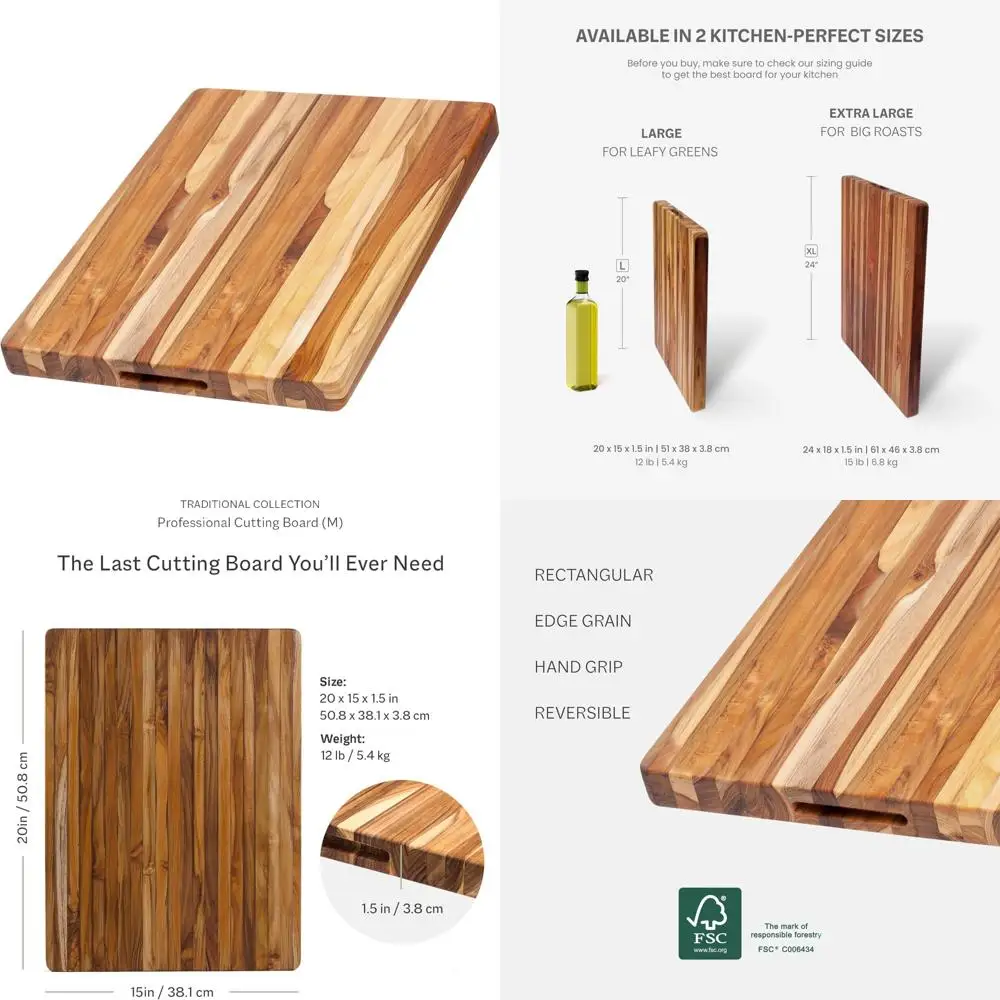 

Большая двусторонняя разделочная доска из тикового дерева с ручками - дружелюбный нож и сертифицированный FSC, долговечный кухонный кондиционер