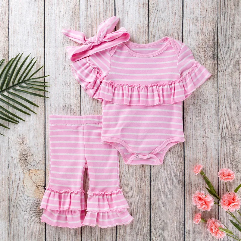 

Newborn Pink and White Striped Combed Cotton Romper Bell Bottoms Three-Piece Set Hot Sale Baby Outfit