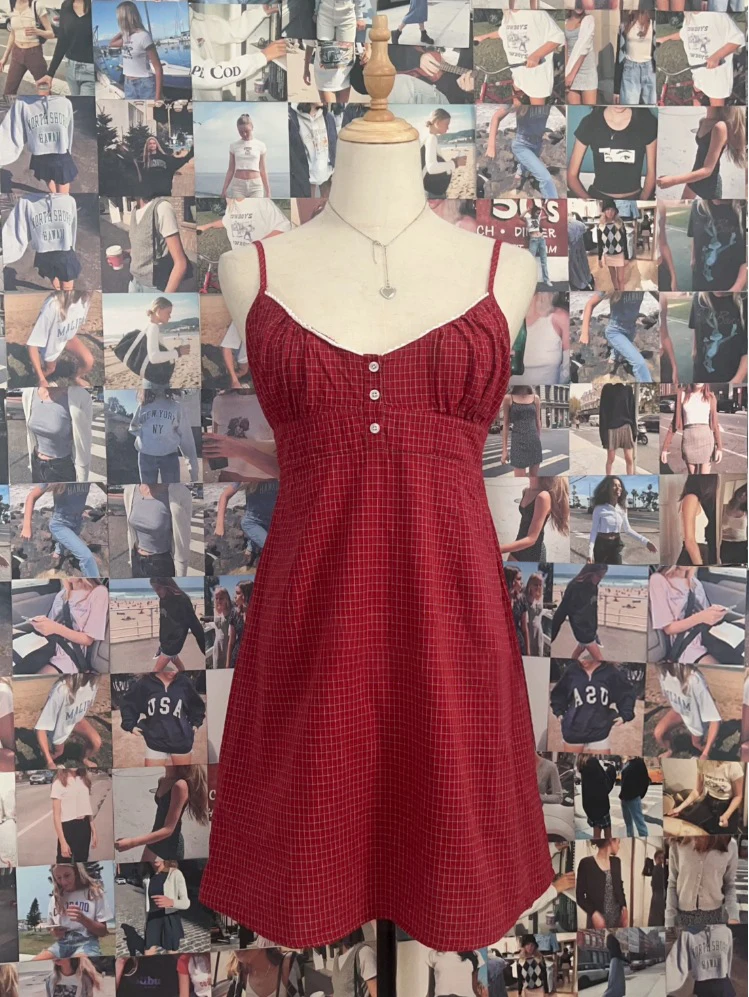 Mini robe camisole en dentelle à carreaux rouges pour femme, tenue d'été à trois boutons, taille élastique, ligne a, courte, en coton, Vintage, douce