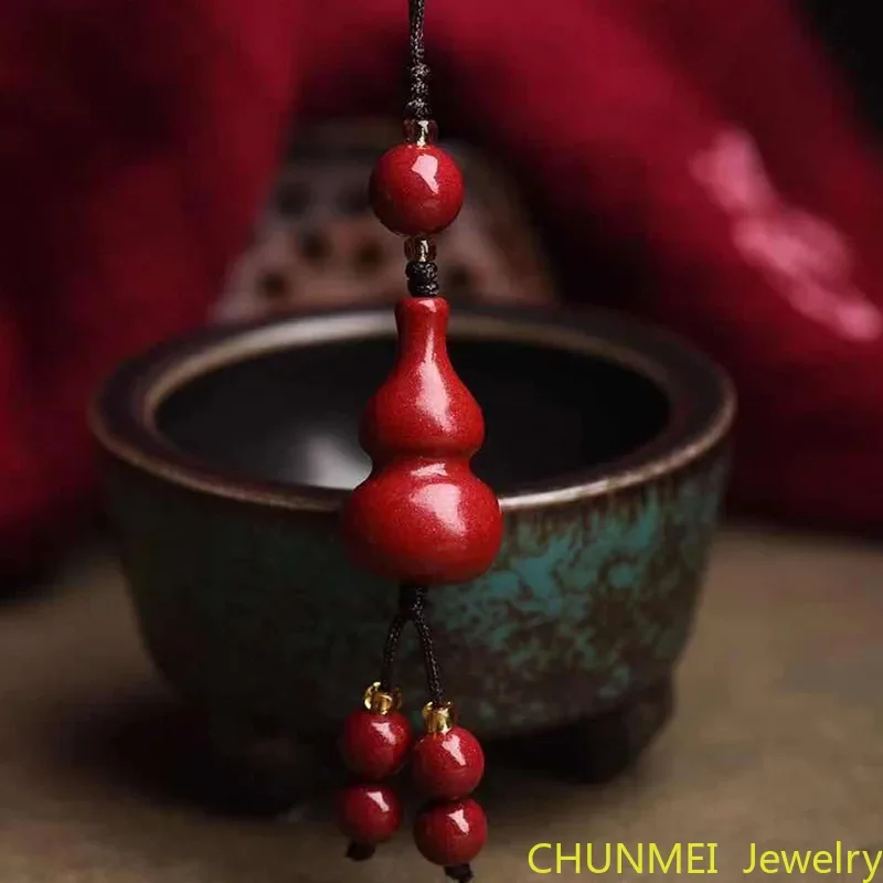 Customized Cinnabar Gourd Key Chain Organic Jewellery Carved Fashion Chinese Natural Charm Gifts Amulet Bag Buckle Pendant Red