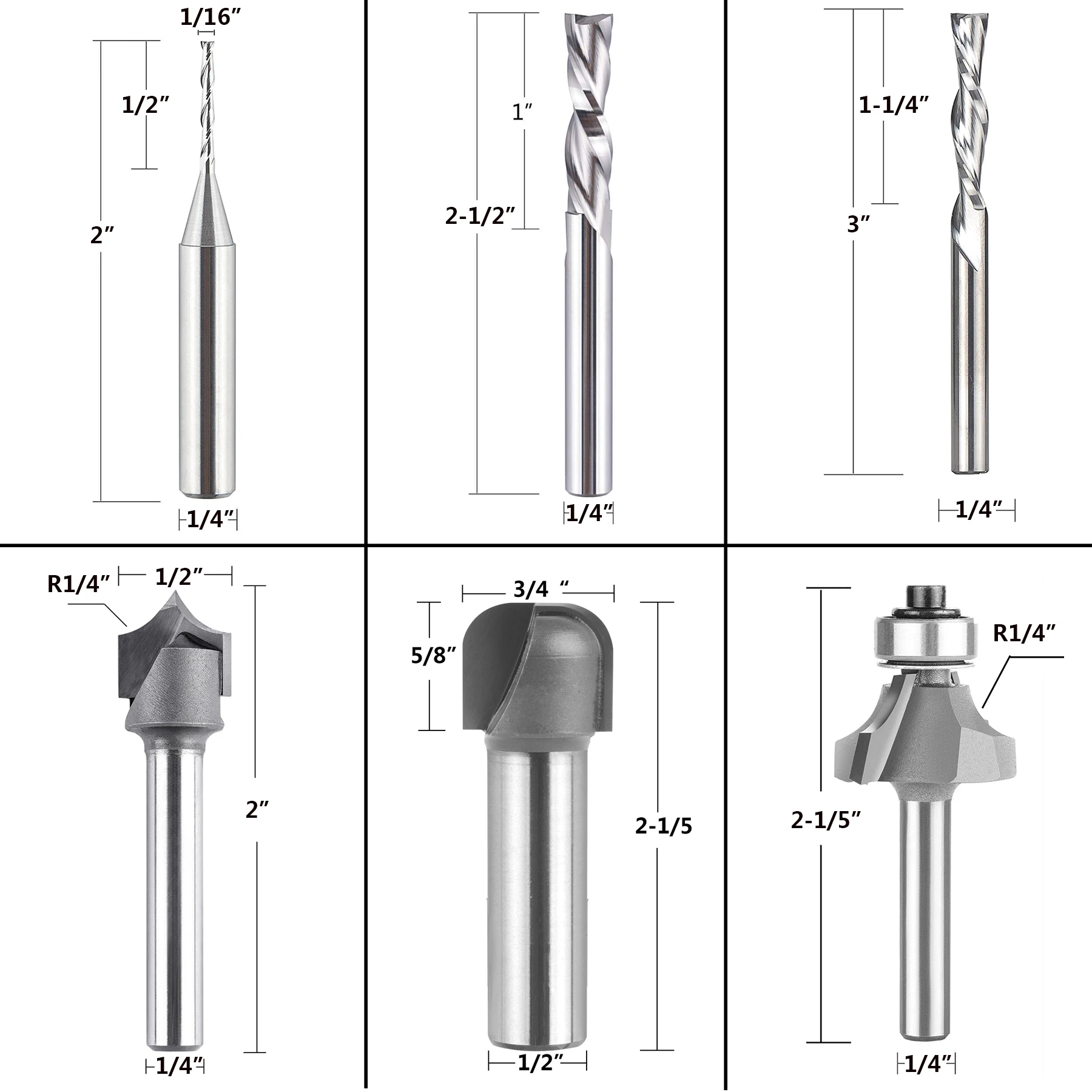 SpeTool 6PCS Carbide CNC Electric Guitar Making Router Bit Set for Luthier, Spiral Bit, Point Cutting Roundover Bit,Bowl Bit