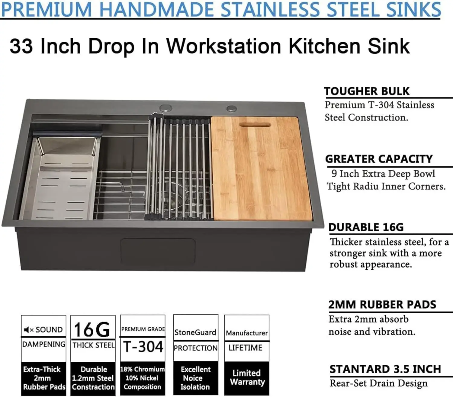 Kitchen Sink 33x22 Inch Black Drop-in Topmount Stainless Steel Double Bowl Handmade Offset Double Workstation Full