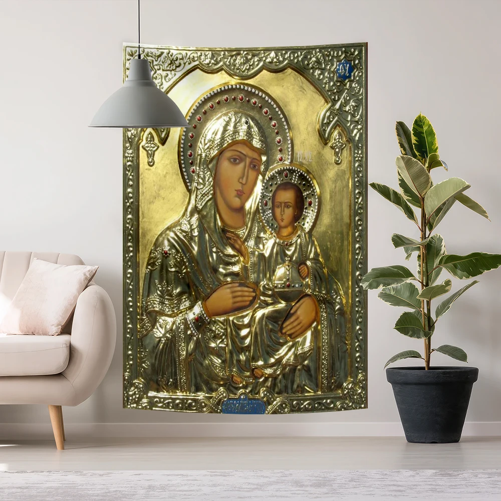 Jesus Icon Double Virgin Mary Statues Tapestry 3d Printing Background Cloth Religious Christmas Easter Home Decoration Church