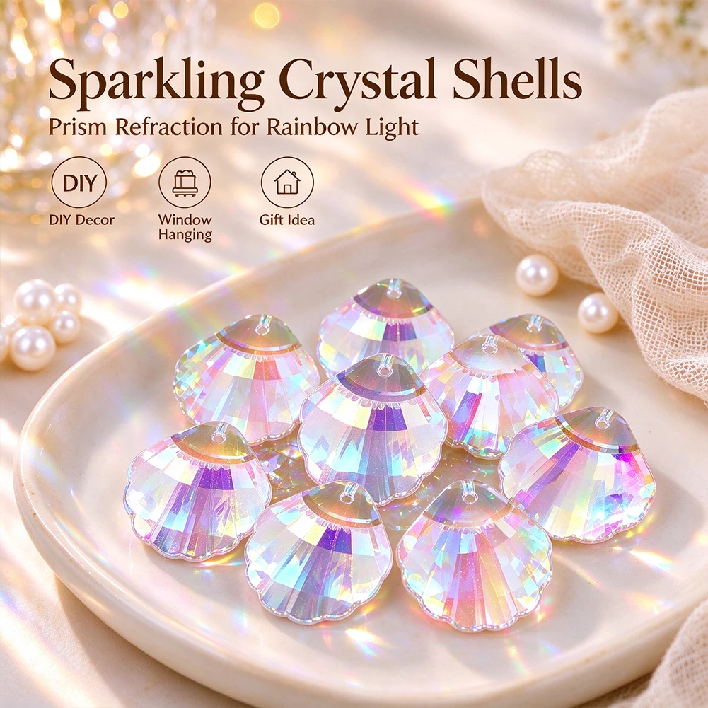 6pcs 30mm Crystal Faceted Seashell Beads AB Clear Prism Suncatcher Pendants Chandelier Parts Window Hanging DIY Craft Decor