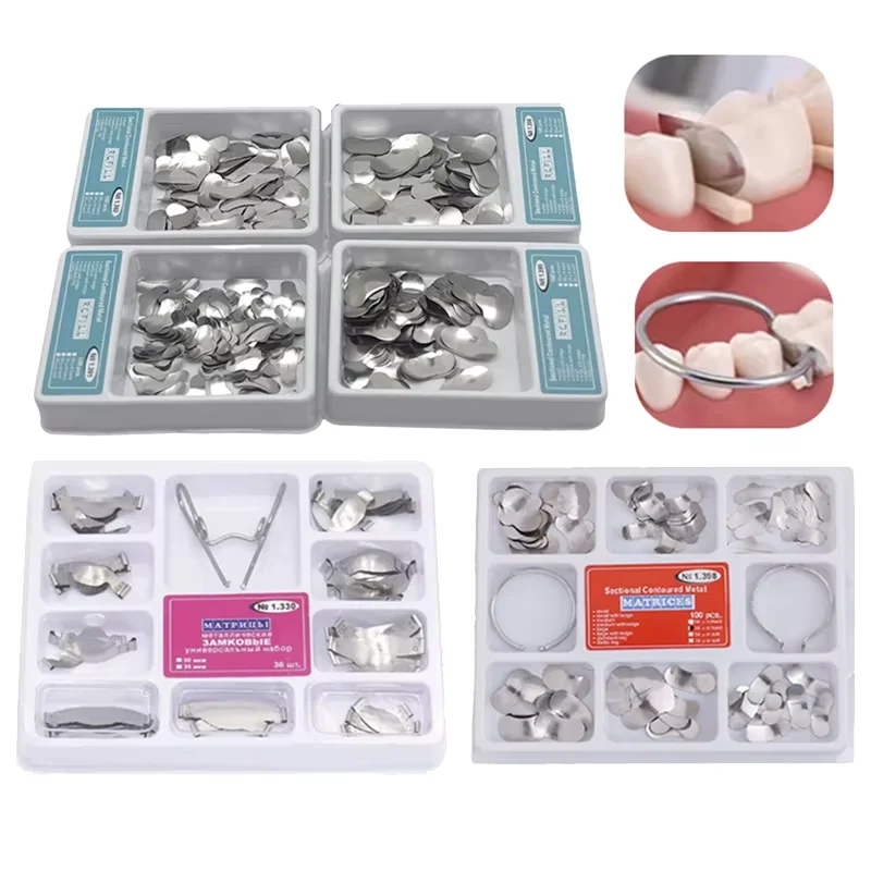 100Pcs Dental Sectional Contoured Matrix Band Kit Metal Matrices Rings Teeth Restoration Forming Tools