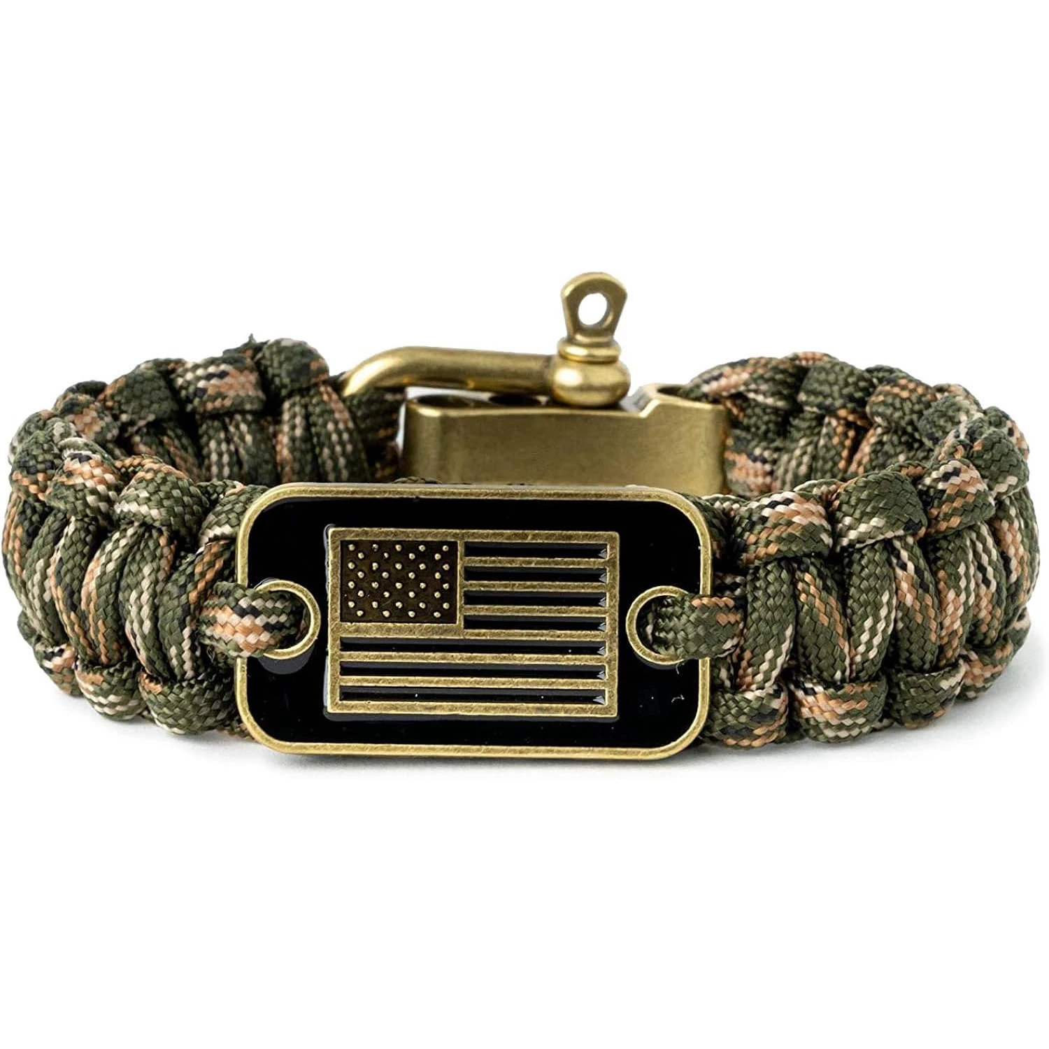 Pulsera de Paracord de camuflaje para hombres, hebilla de aleación ajustable, pulsera táctica de supervivencia con bandera de bronce de EE. UU. Para