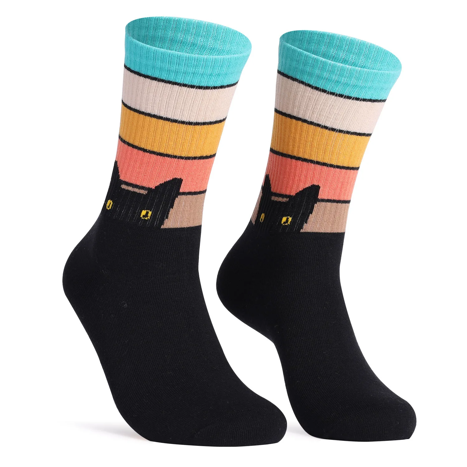 1 Pair Cat Pattern Mid-calf Socks Rainbow Strip Casual Women’s Socks