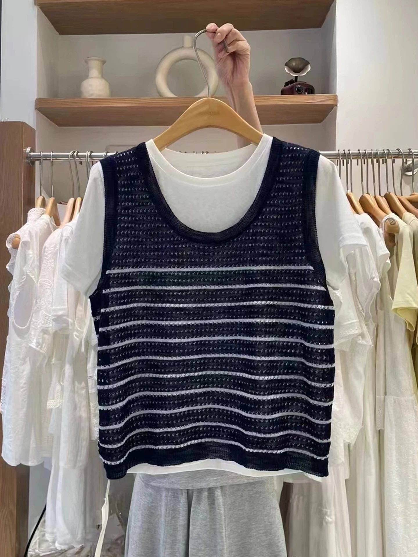 

Удобная круглая футболка Ne Splice Fake из двух частей ort Sve Overhead Design Простой роскошный женский топ в Корейском стиле Sle Stra...