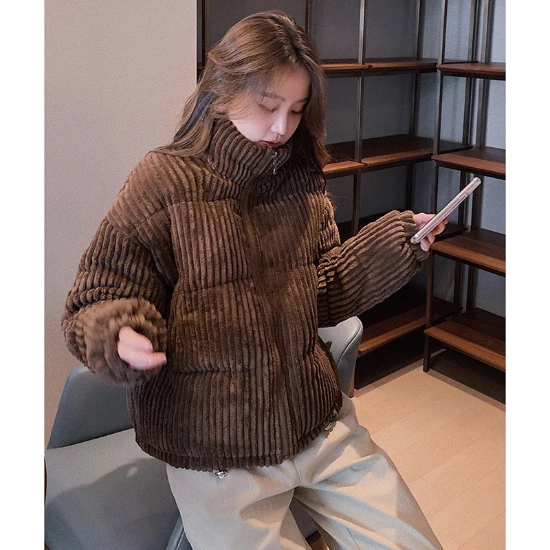 

Autumn Winter New Corduroy Short Jacket Women Pin Striped Casual Loose Thick Warm Female Coat Woman Tops