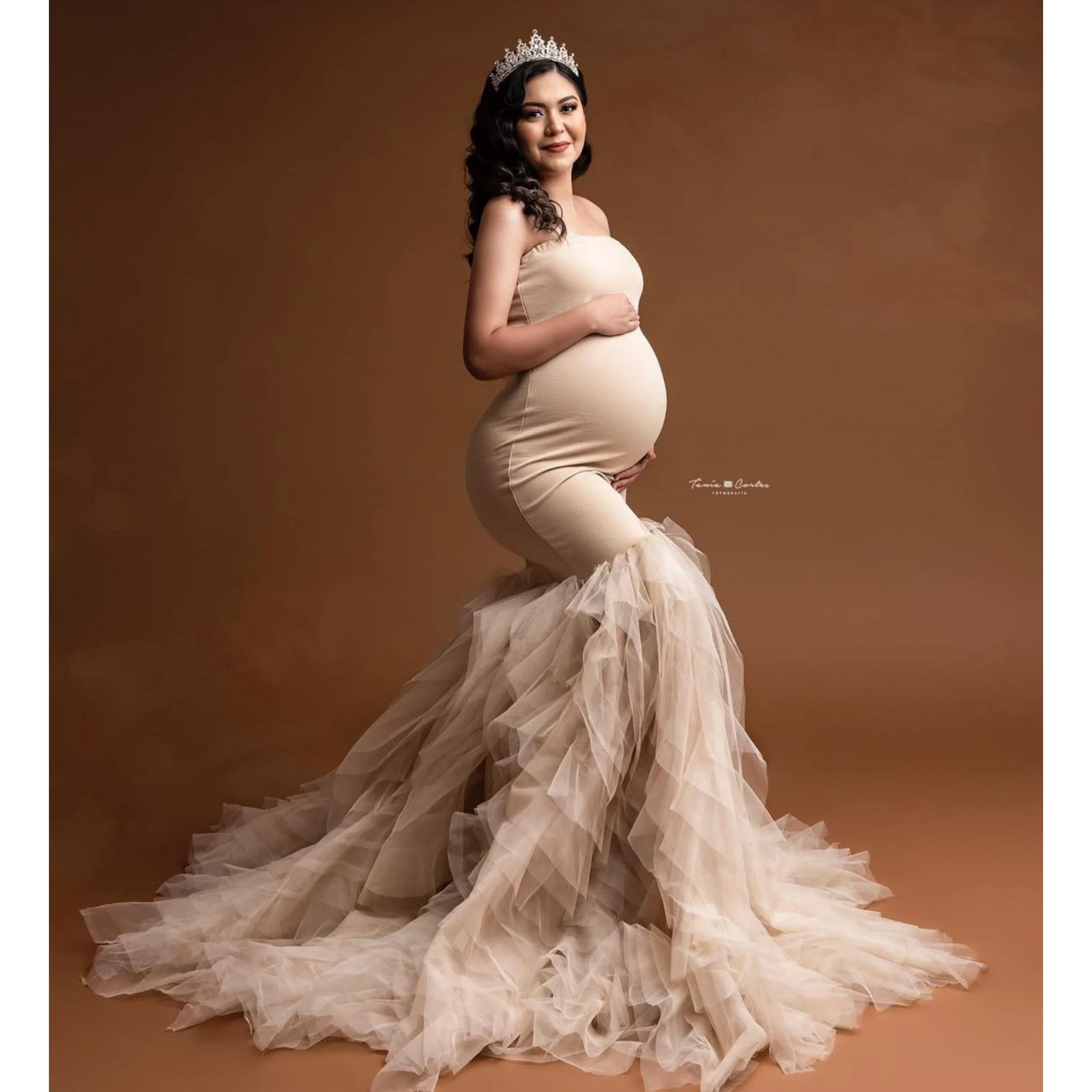 

Light Champagne Mermaid Maternity Dresses Illusion Ruches Pregnant Prom Party Robes Customized BabyShower Gowns for Photoshoot