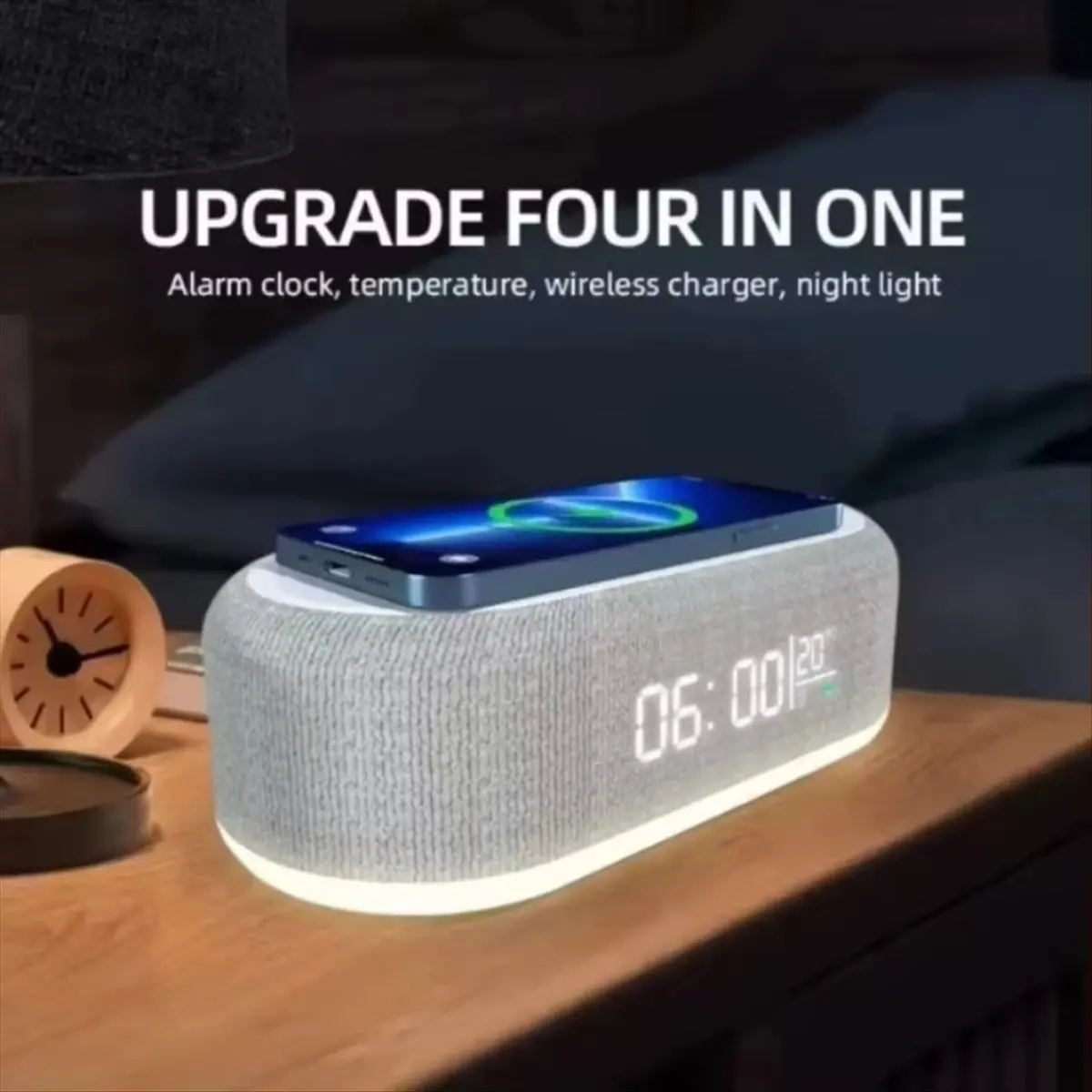 AU47-Wireless Charger Pad Phone Alarm Bedroom Lamp Night Light Desktop Clock Thermometer for IPhone Fast Charging Dock