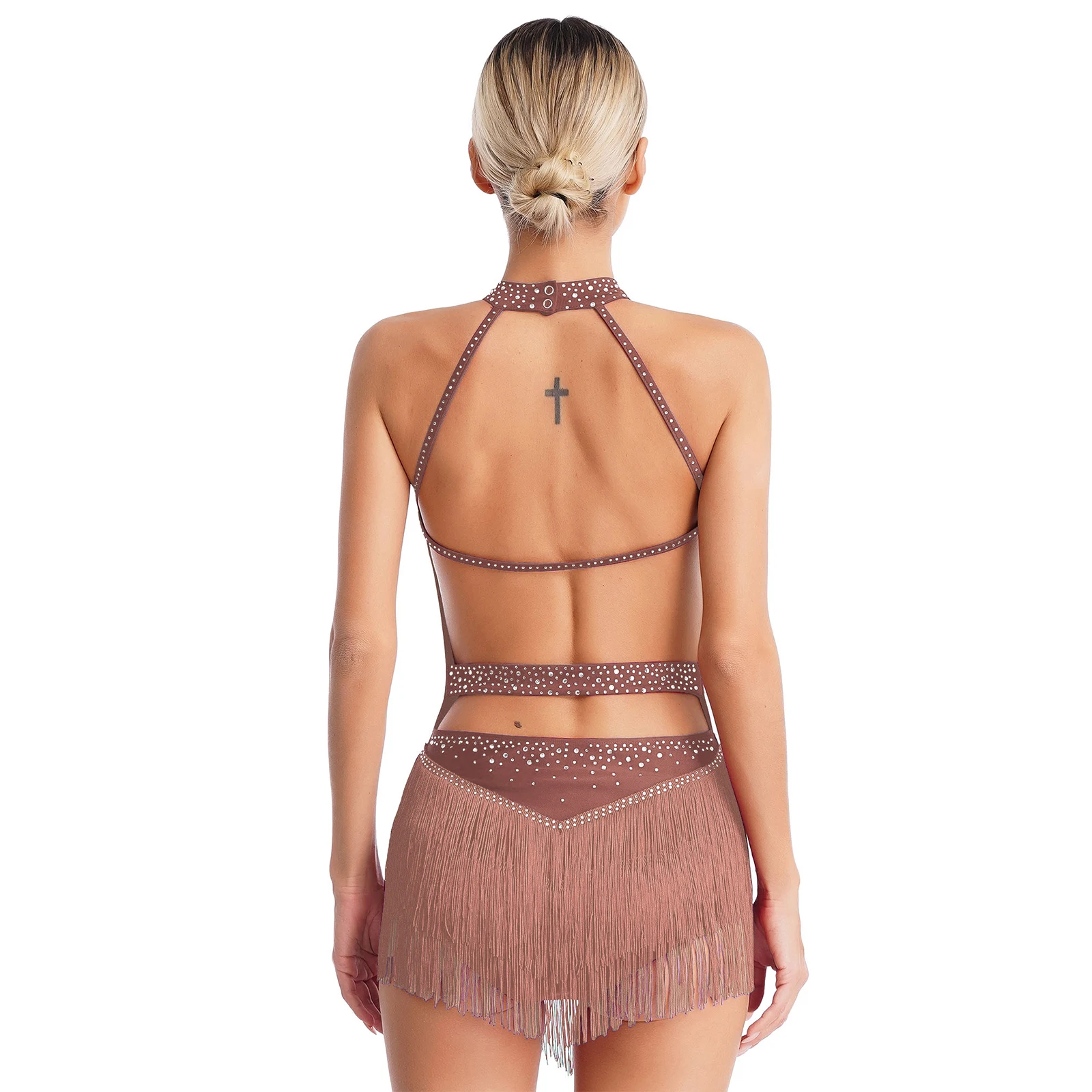 Damskie błyszczące dżetów trykoty baletowe sukienka frędzle Halter Backless Fringe body sala balowa Latin Tango Salsa kostium taneczny