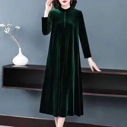 Golden Velvet Hooded Button Dress For Women 2024 New Lady Spring Autumn Dress Keep Warm Thermal Plus Size Elegant Mom Dresses