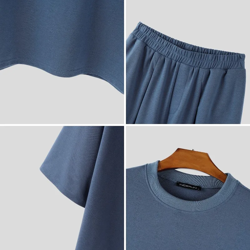 INCERUN Men's Sets Solid Color O-neck 3/4 Sleeve T Shirt Shorts Two Piece Sets Streetwear Oversize 2026 Casual Men Matching Sets - Image 6