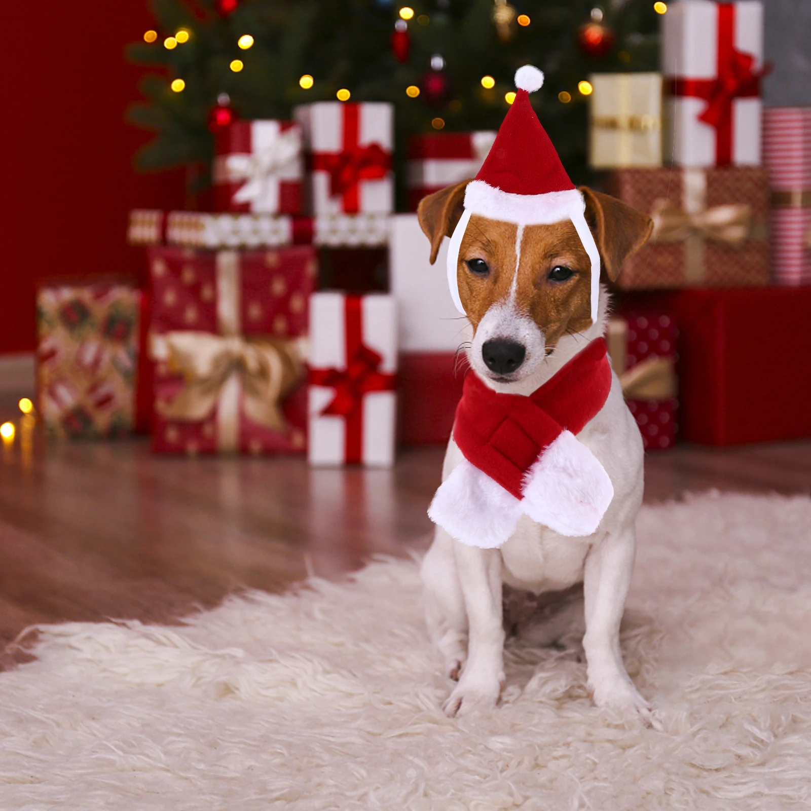 

2 Pcs Pet Christmas Hat Scarf Set Dog Cat Cosplay Polar Fleece Costumes Accessory