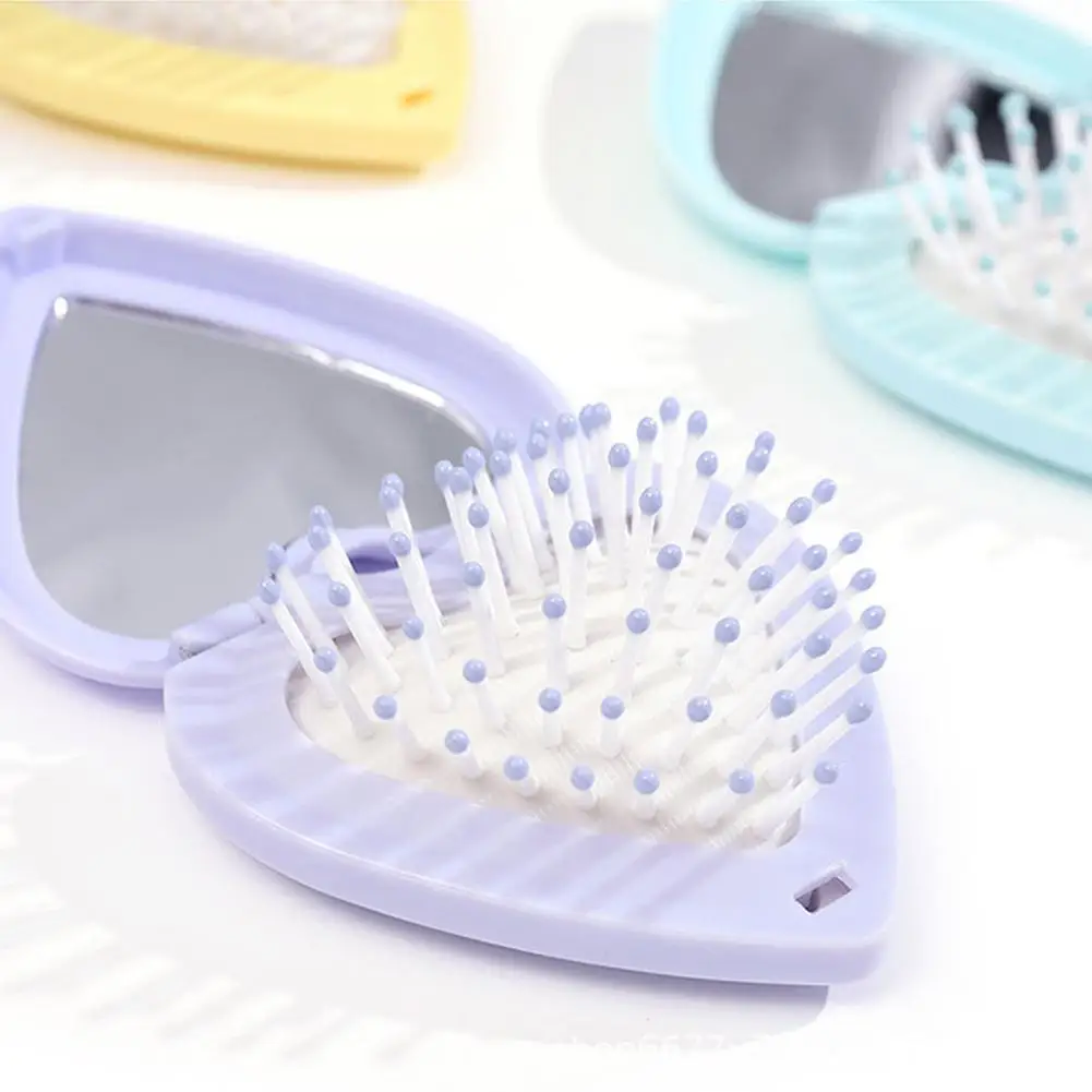 Massage Folding Comb With Mirror Small Air Cushion Hair Brush Portable Cute Heart Shaped Women Hairdressing Tools Ins Style