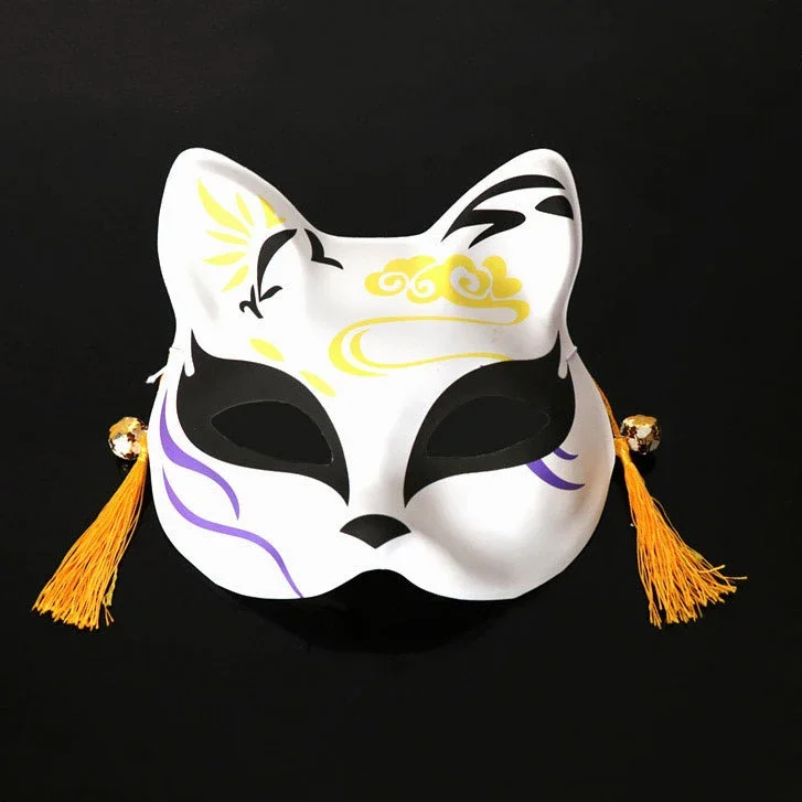 1PCS White Yellow Half Face Cat Spirit Water Flow Ripple Pattern Partys Simplicity Mask with Bell Anime Cosplay Costume Props