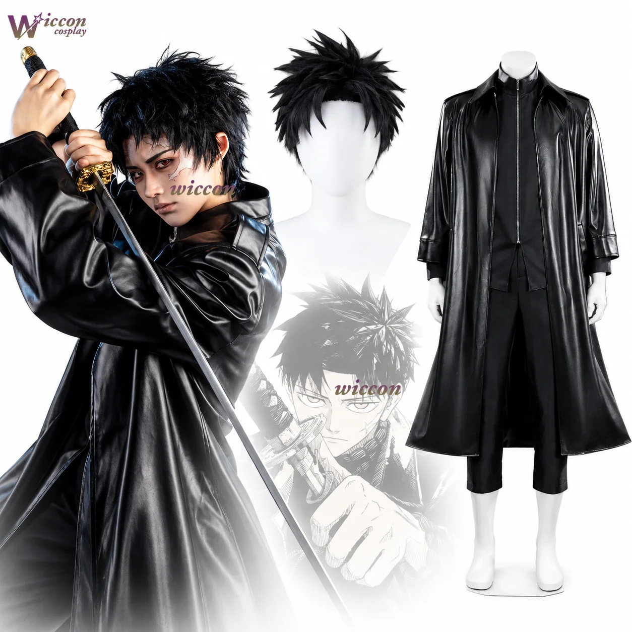 Disfraz de cosplay de Rokuhira Chihiro de MoeMimic: abrigo largo de cuero sintético, camisa interior negra y pantalones informales, ideal para fiestas de Halloween.