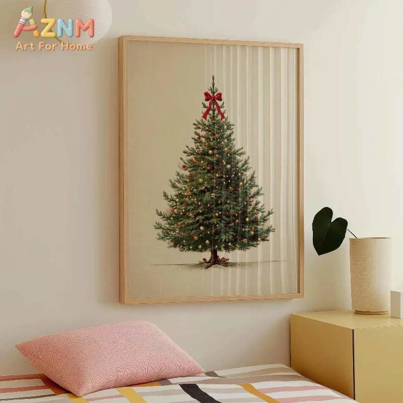 Vintage Christmas Tree Canvas Wall Art Retro Pine with Red Bow Bauble Xmas Holiday Home Wall Print Unframed Canvas Poster