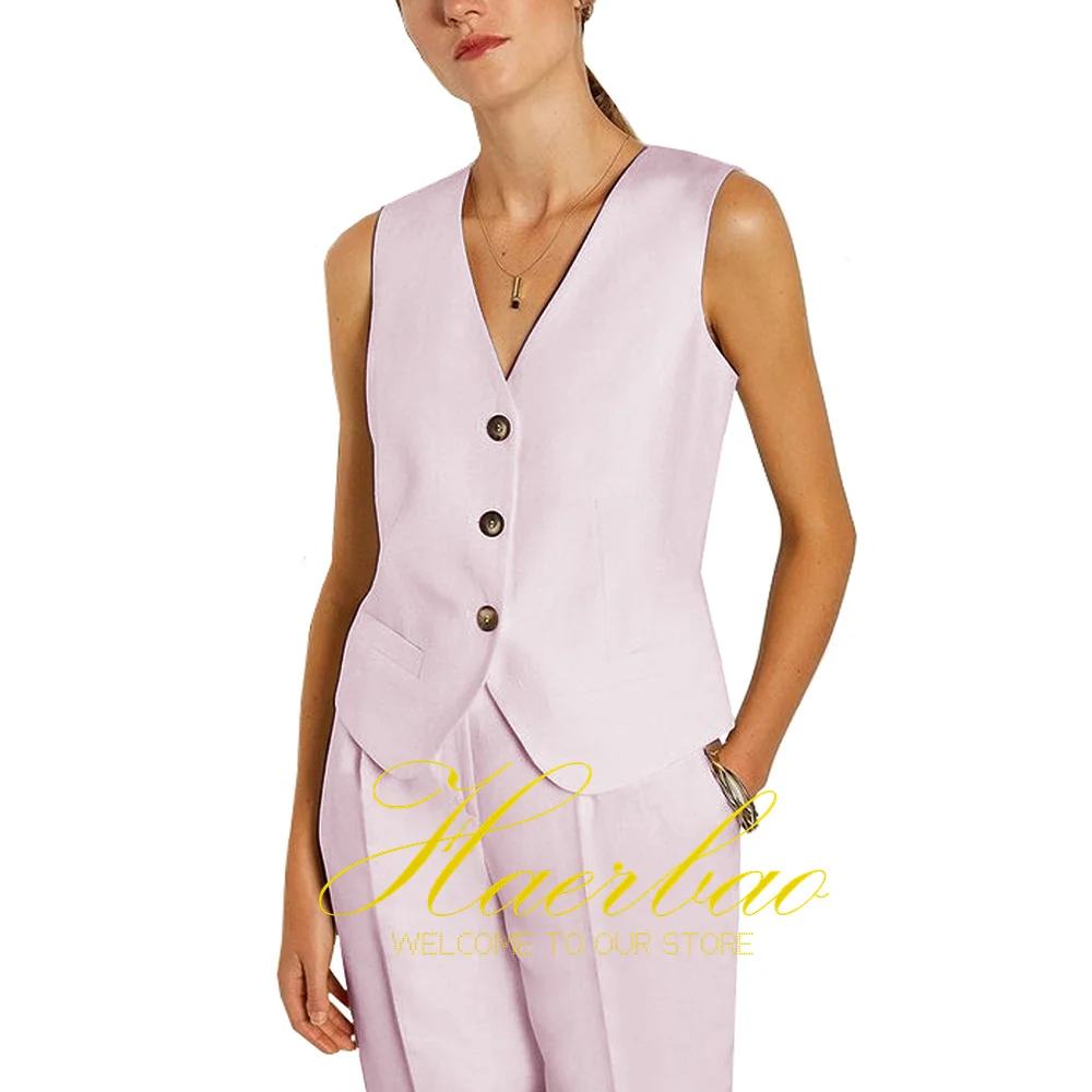2023 New Light Pink Women\'s Suit V-neck Vest Pants 2-piece Set Slim Design Casual Clothes Office Lady Outfit костюм женский