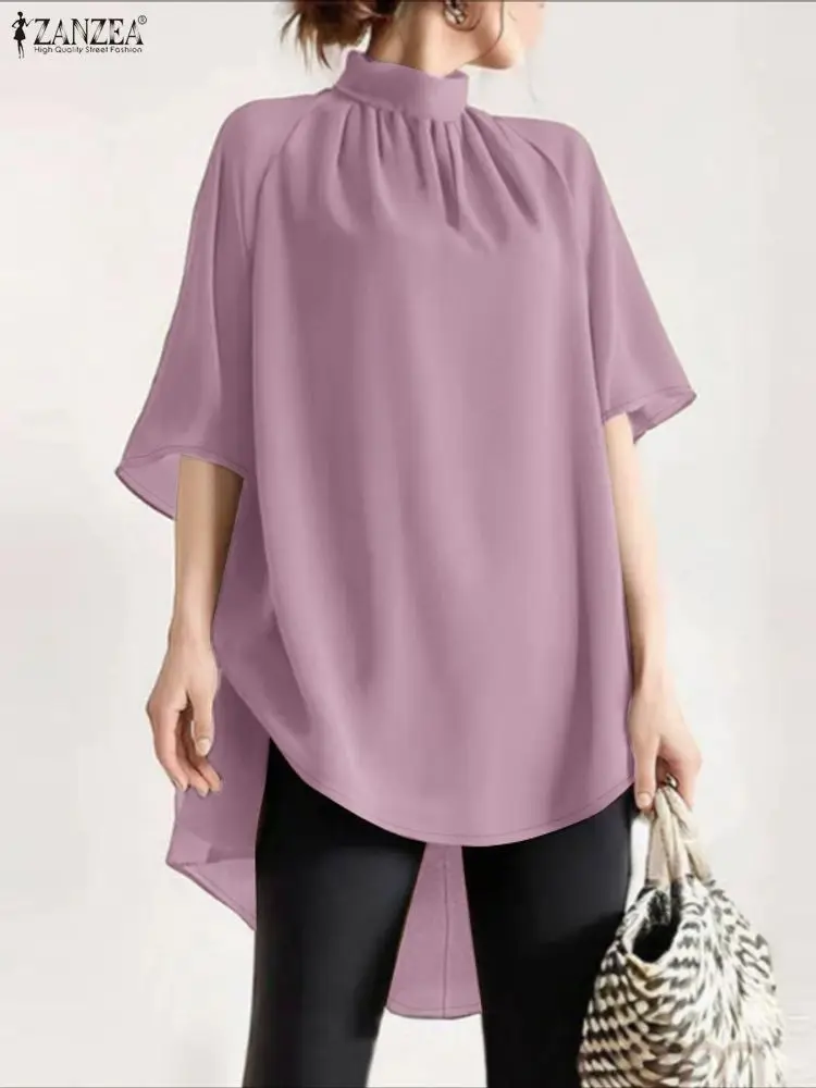 

ZANZEA Fashionable High-Low Long Blouses Woman 2025 New Stand Collar Half Raglan Sleeve Gathered Solid Color Tops Streetwear 3XL