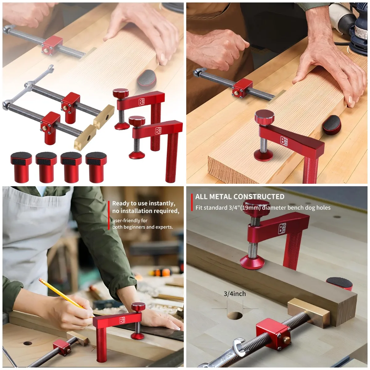 

Набор зажимов для скамейки для собак, 4 регулируемые зажима для верстака 3/4 дюйма, с 2 ключами с трещоткой