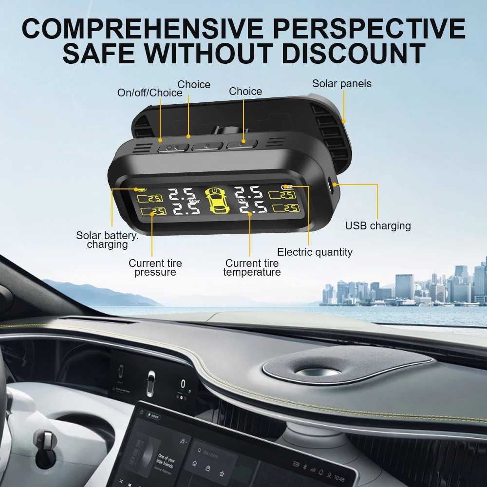 Sensores TPMS para coche, sistema de supervisión de presión de neumáticos, diagnóstico de ordenador a bordo, Solar/USB t
