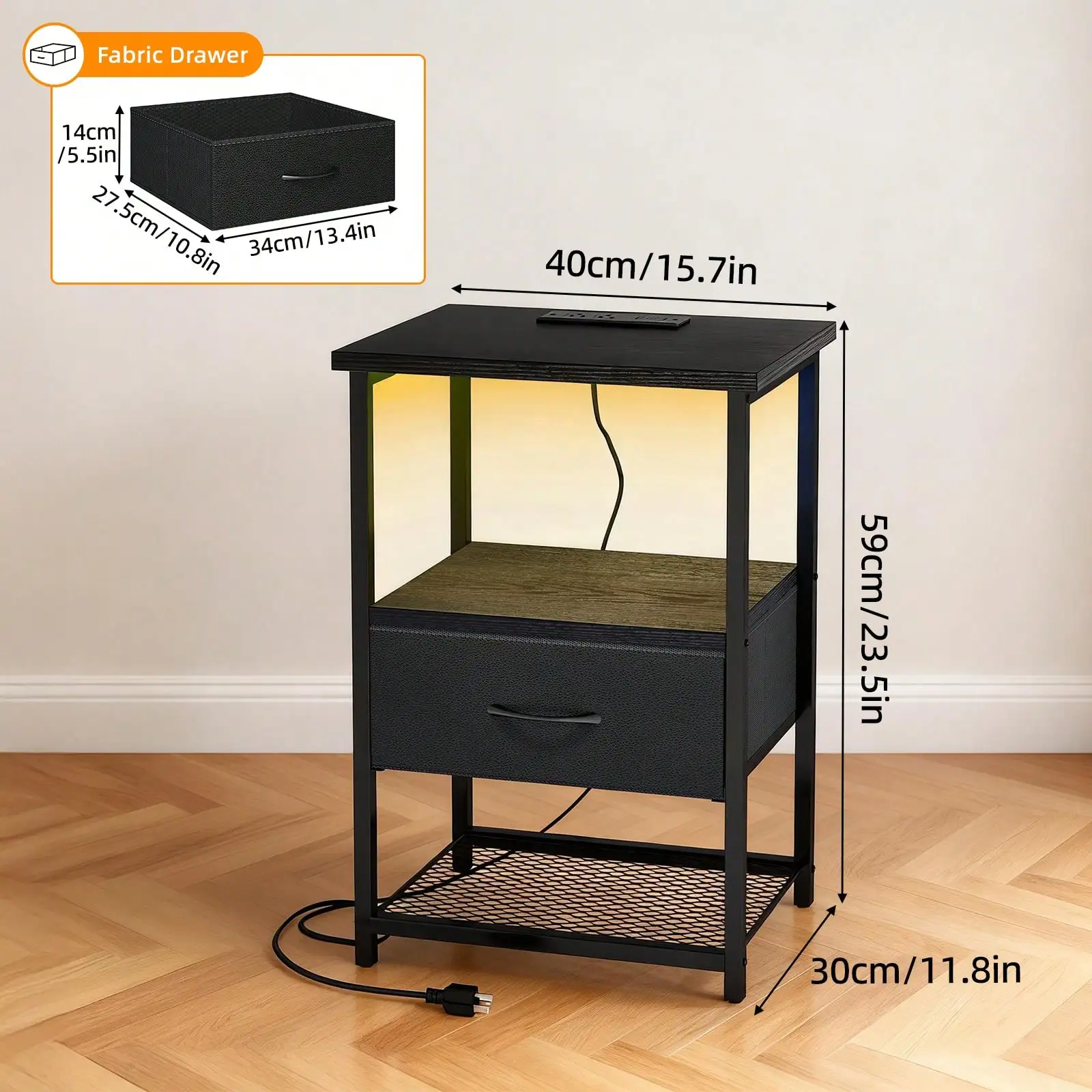 Tomnk Beside Table With Charging Station, LED Nightstand With Fabric Drawers, End Table With PU Finish, Bedside Table, For Bedroom