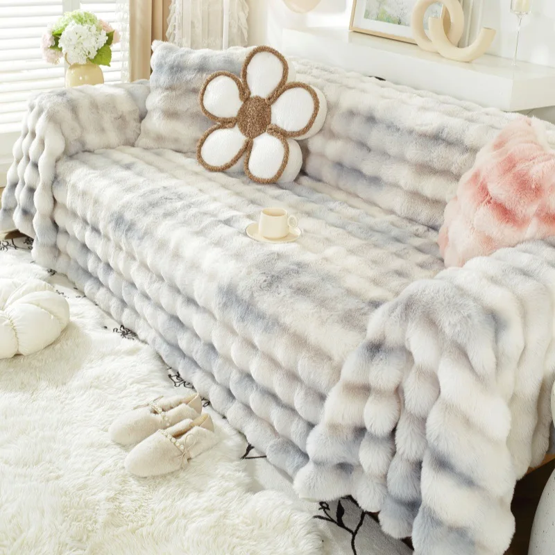 

EIFLOY Rabbit Plush Sofa Cover 3 Seater Soft Thick Towel Blanket Couch Slipcover Winter Universal One Piece Furniture Protector