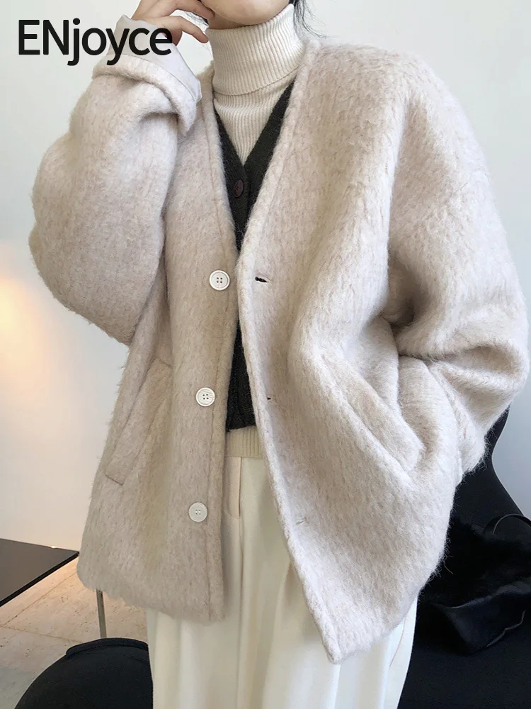 

ENjoyce Winter Women Mohair Wool Coat Ladies Single Breasted V Neck Outwear Jacket High Quality Warmer Thick Luxury Overcoat