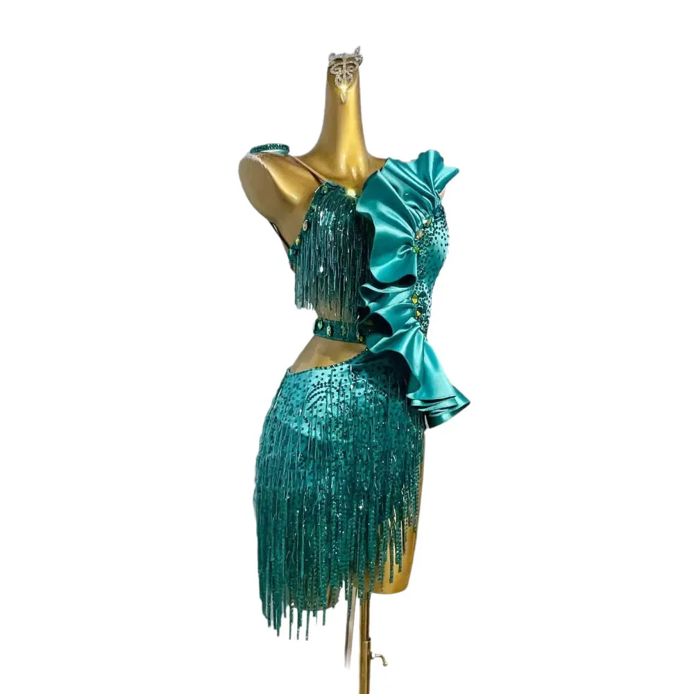 Latin Dance Costume Rhinestone Women's High-end Custom Ruffled Stitching Bead Tube Tassel Tango Samba Performance Dress