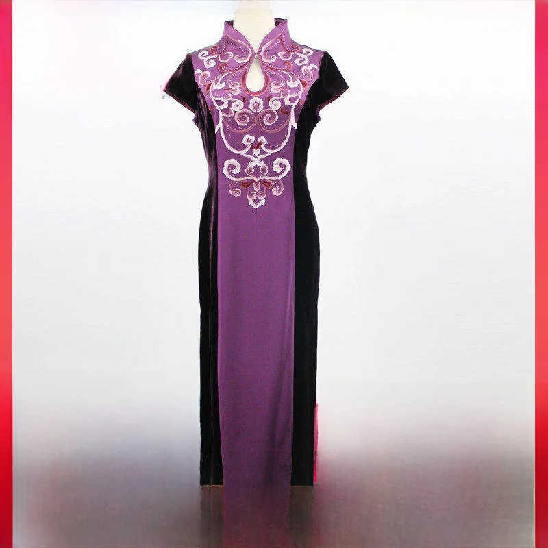 

Long Silk Dr Embroidered Floral Pattern Tussah Silk Velvet Evening Gown Spring Autumn Taiyuan Mei Design
