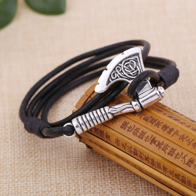 Norse Vikings Axes Wrap Bracelets Men Mjolnir Hammer Camping  Survival Wristband Amulet Handmade Male Jewelry Gifts
