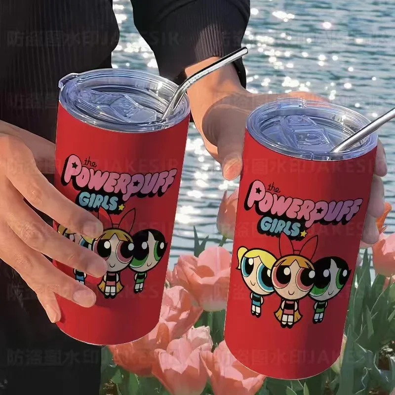 Powerpuff Girls Cartoon Kawaii Thermos Cup con paglia Handy Cup Coffee Cup ins High-look portatile in acciaio inossidabile da donna