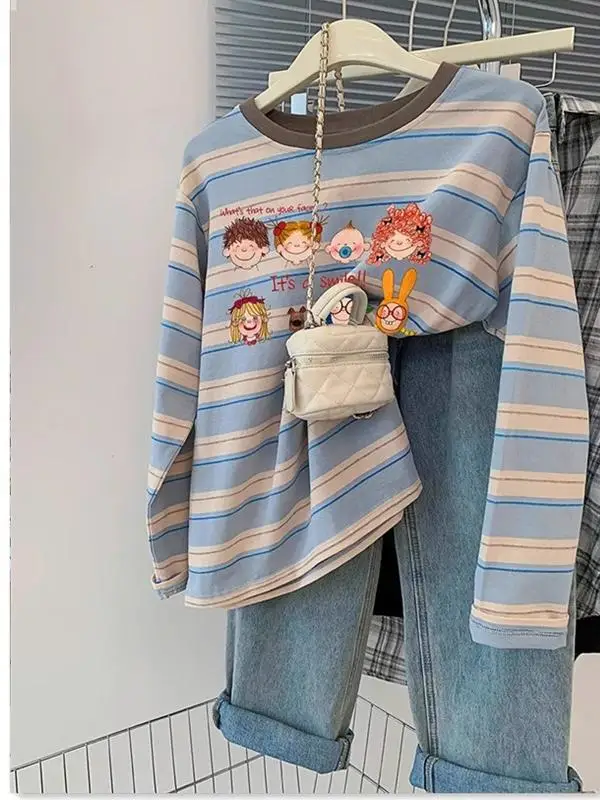 

Футболка с длинными рукавами в корейском стиле, женская свободная футболка с принтом, тонкий топ с мультяшными полосками, осенняя мода
