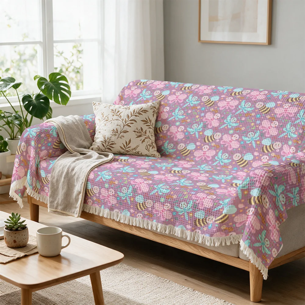 Decorative Floral Bee Print Throw Blanket for Sofa Couch Seating Area Living Room Home Decor Cozy Summer Picnic Style