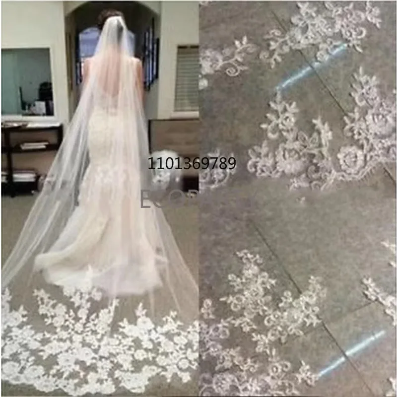 Ecoparty Special Offer Romantic Lace Applique Soft Yarn Milky White Veil Five Meters Long Extra Long Bridal Wedding Bridal Veil