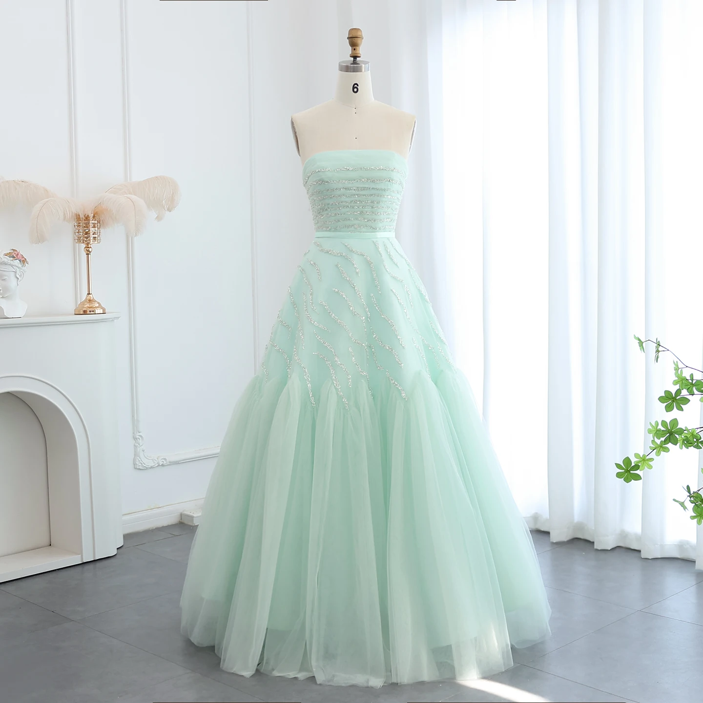 Sharon Said Elegant Strapless Sage Green Arab Evening Dress Women Wedding Luxury Beaded Dubai Formal Party Gown SS483 Customized