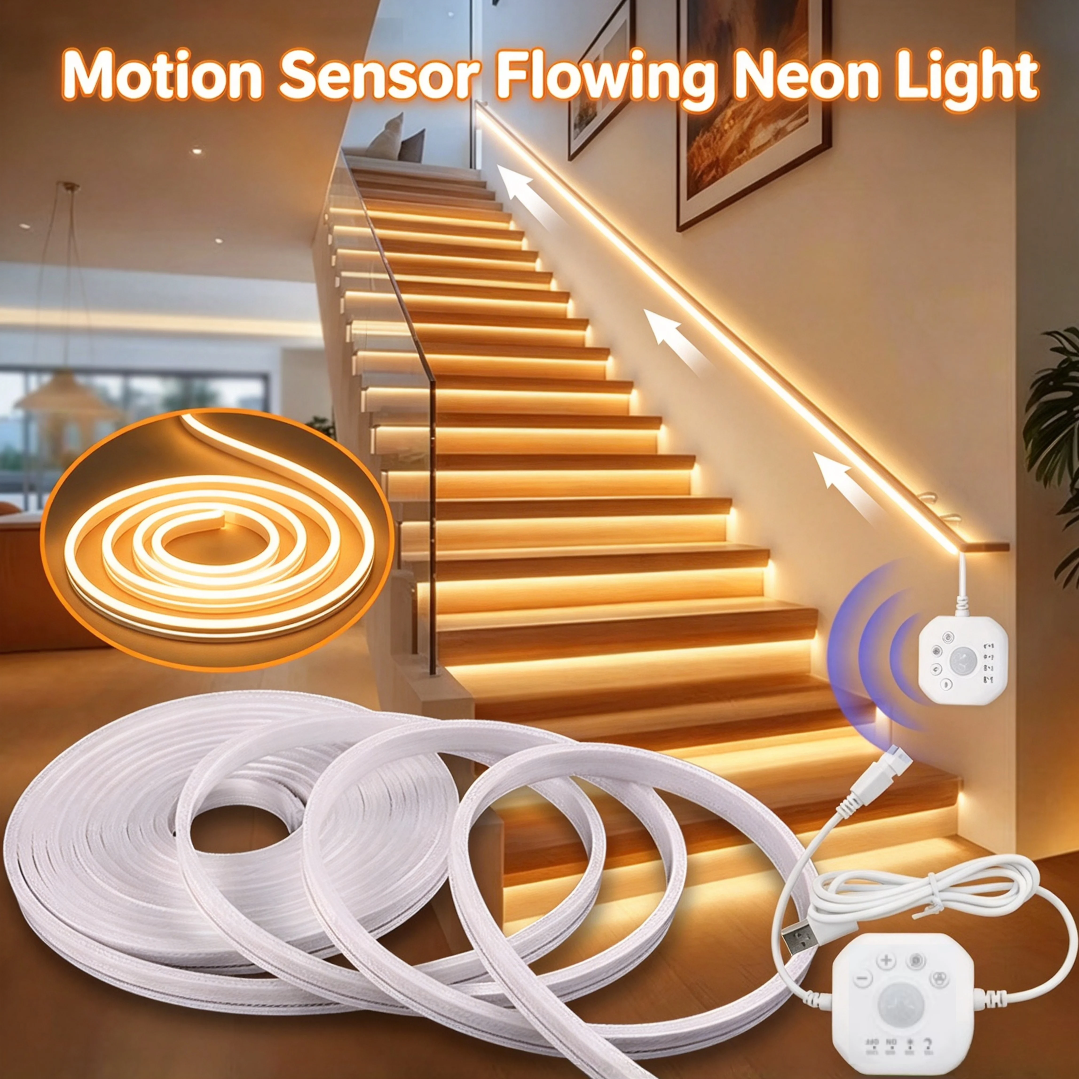 Human Motion Sensor Flowing Water Neon Light Led Strip, Dc 5V, USB Powered, Lights up When Someone Approaches, Turns Off When Someone Leaves, Flowing Water Lighting Effect, Human Motion Sensor, Suitable for Hallways, S