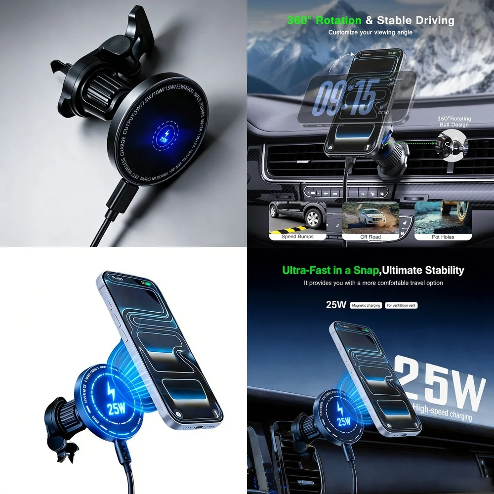 Fast Wireless Car Charger 25W Magnetic Air Vent Mount 360 Ball Rotation Stable Holder for iPhone 17 Samsung Galaxy S26 S25 Ultra