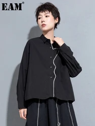 [EAM] Women Black Color-block Big Size Blouse New Lapel Long Sleeve Loose Fit Shirt Fashion Tide Spring Autumn 2024 1DH0843